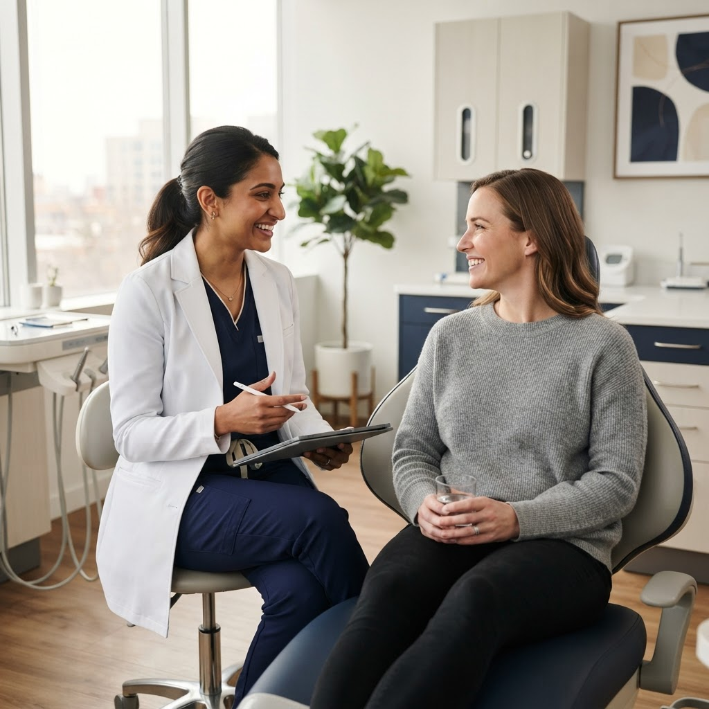 Provider speaking with a patient in a modern care setting